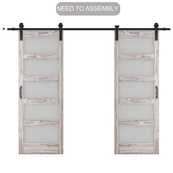 TENONER 60 in. x 84 in. 5-Panel Frosted Glass Light Grey MDF Waterproof PVC Surface Finished Sliding Barn Door with Hardware Kit