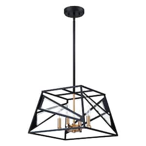 Corrientes 16.14 in. W x 16.02 in. H 4-Light Matte Black/Gold Accent Pendant Light with Open Metal Frame and Clear Glass
