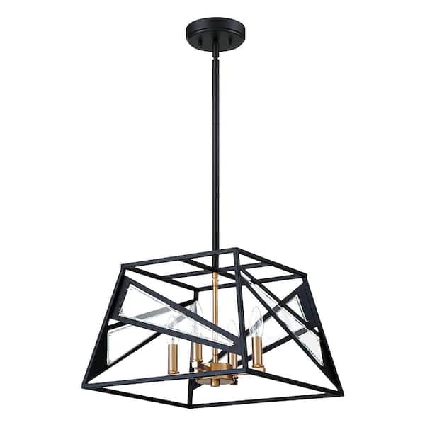 Eglo Corrientes 16.14 in. W x 16.02 in. H 4-Light Matte Black/Gold Accent Pendant Light with Open Metal Frame and Clear Glass