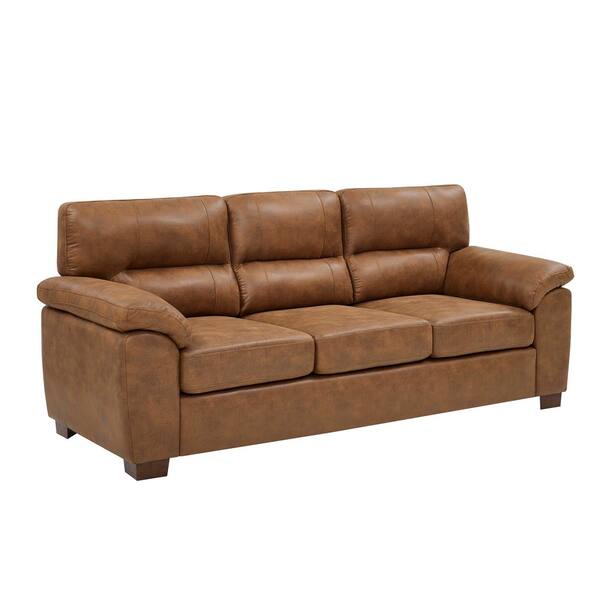 81 in. W Rolled Arm Leather Rectangle Sofa in Light Brown with Plush Tufted Cushions for Living Room