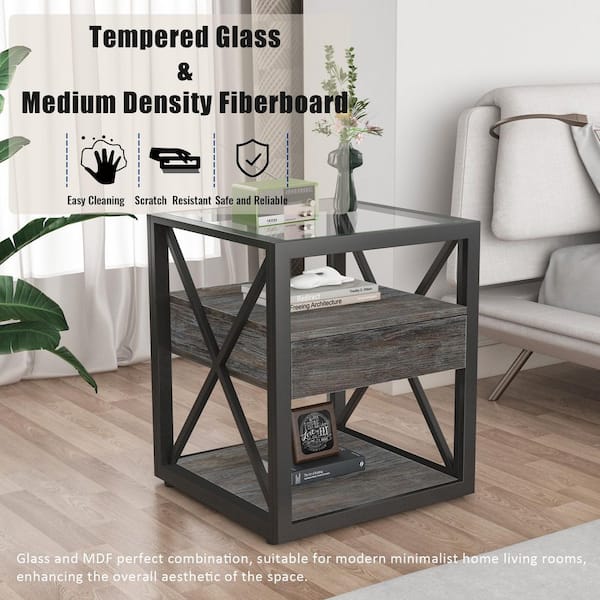 Seafuloy Brown 17.72 in. W Metal X-Frame Rectangle Glass Nightstand /End Table with Drawer (Set of 1)