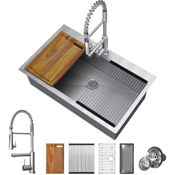 33in. Drop In/Undermount Single Bowl Kitchen Sink, 18-Gauge Stainless Steel, Handmade All-in-One Workstation with Faucet