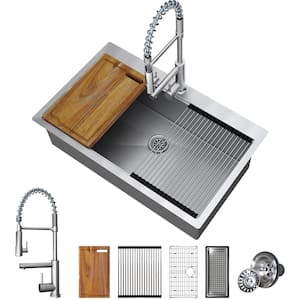 KW33 33 in. Drop-In Undermount Single Bowl 18-Gauge Stainless Steel Workstation Kitchen Sink Faucet Bottom Grid