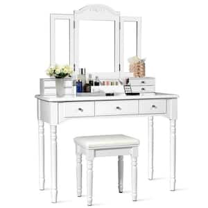 7 Drawers Vanity Set Dressing Table with Tri-Folding Mirror White