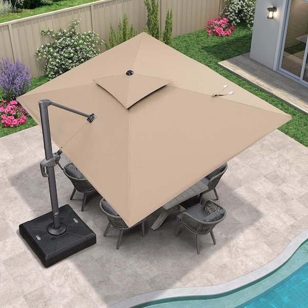 PURPLE LEAF 9 ft. x 12 ft. 2-Tier Aluminum Cantilever 360° Rotation Patio Umbrella with Base, Beige