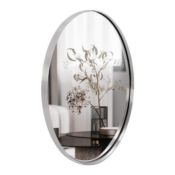 ANDY STAR 28 in. W x 1 in. H Modern Oval Wall Hanging Silver Bathroom Mirror