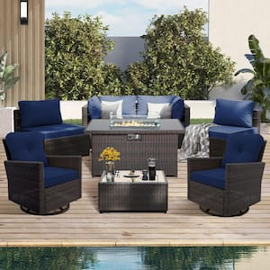 8-Piece Wicker Patio Firepit Conversation Set Outdoor Seating Set with Swivel Chairs and Navy Blue Cushions