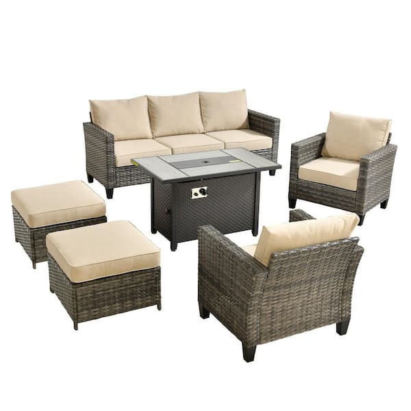 Flora 6-Piece Wicker Patio Rectangle Fire Pit Conversation Set with Beige Cushions