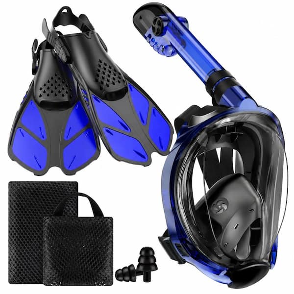 Adult Full Face Snorkel Mask and Adjustable Fins Set with Dry-Top Tube and Carrying Bag for Travel Snorkeling
