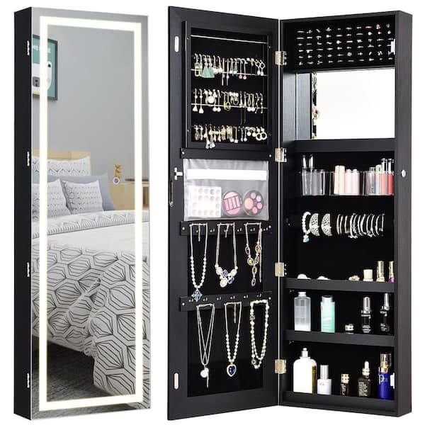 Black Giantex 12 LEDs Jewelry Cabinet Wall Door Mount Jewelry Armoire Cabinet Lockable Mounted Full Lenghth Mirrored Jewelry Storage Armoire Organizer w/Mirror and LED Lights