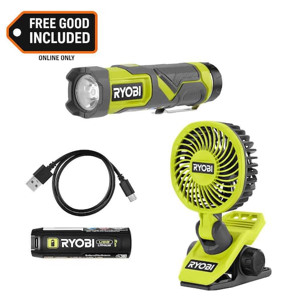 USB Lithium Cordless Compact LED 3-Mode Flashlight Kit with 2.0 Ah Battery with USB Lithium Cordless Clamp Fan