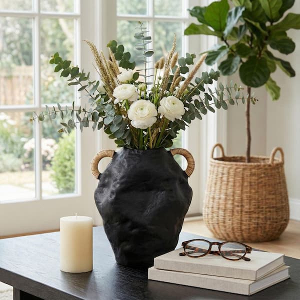 13 in. Black Terra Cotta Amphora Decorative Vase with Rattan Handles