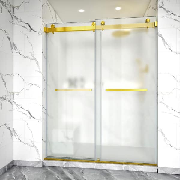 56-61 in. W x 76 in. H Double Sliding Frameless Shower Door Brushed Gold with 3/8 in. Frosted Glass for Walk-in Showers