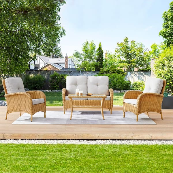Gymojoy Carlos Natural 4-Piece Wicker Patio Conversation Set with Off White Cushions