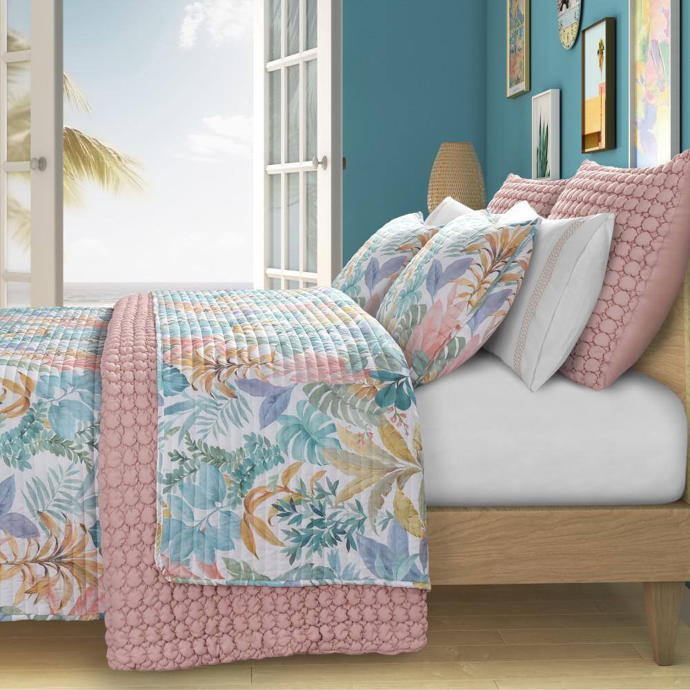Boho-Chic Blue Microfiber Botanical Full Quilt Set