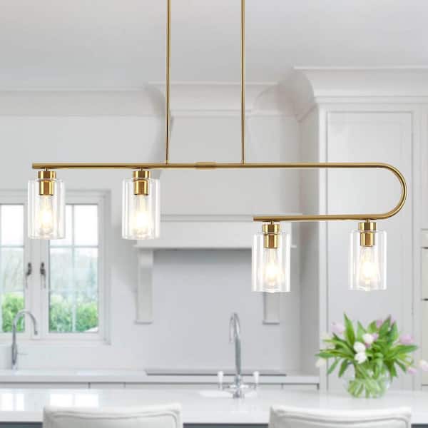 ADSENSTY 4 Light Brass Kitchen Island Linear Glass Shade Chandelier for Living Bedroom Room with No Bulbs Included