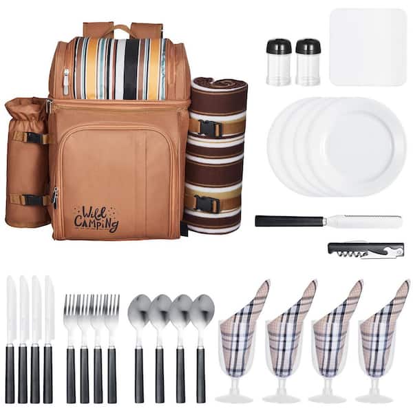 Picnic Backpack for 4 with Cooler, Wine Holder, Blanket, Plates & Cutlery for Hiking, 26.42 qt. Soft-Side Cooler Brown