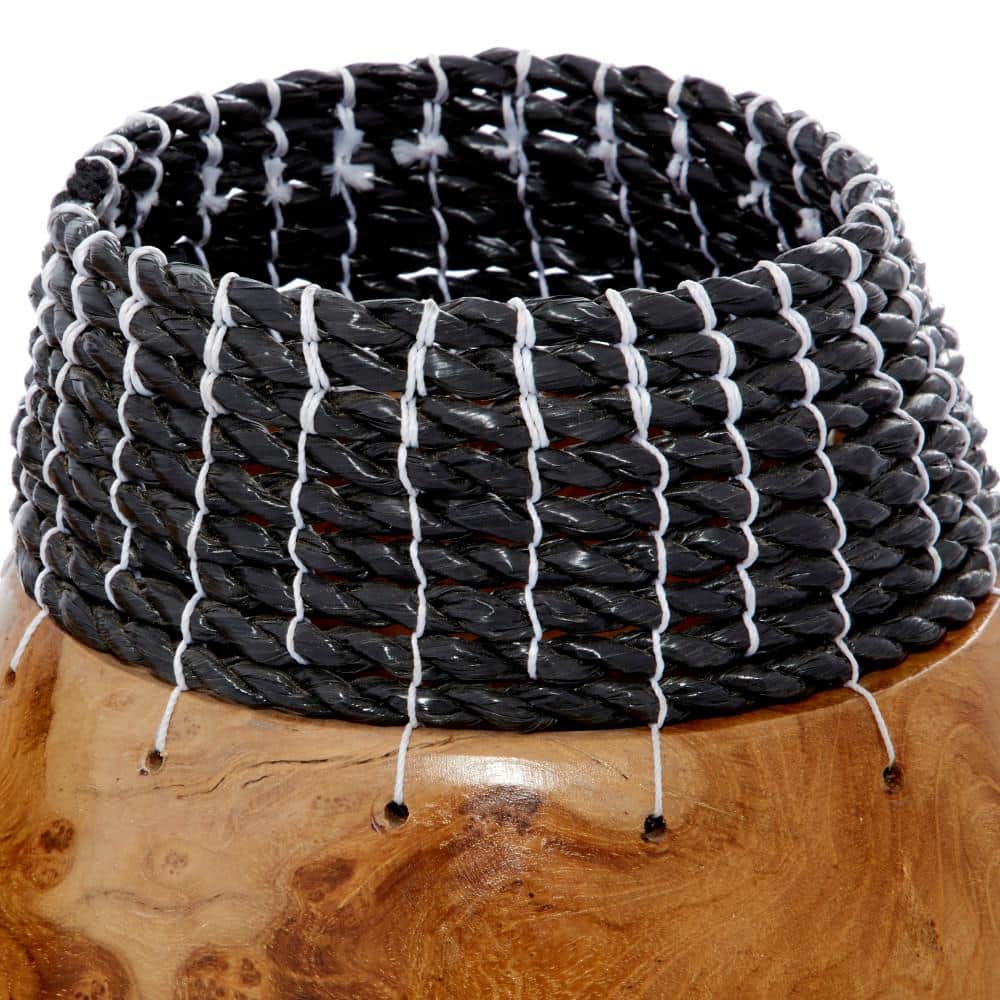 Handmade Teak Wood Vases with Black Seagrass Accents, Set of 2