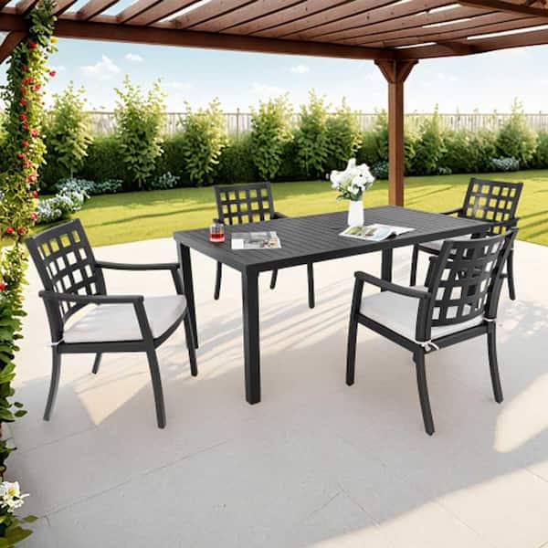 5-Pcs Black Outdoor Patio Aluminum Modern Dining Set with 4Chairs Sunbrella Fabric Cushioned, Umbrella Hole