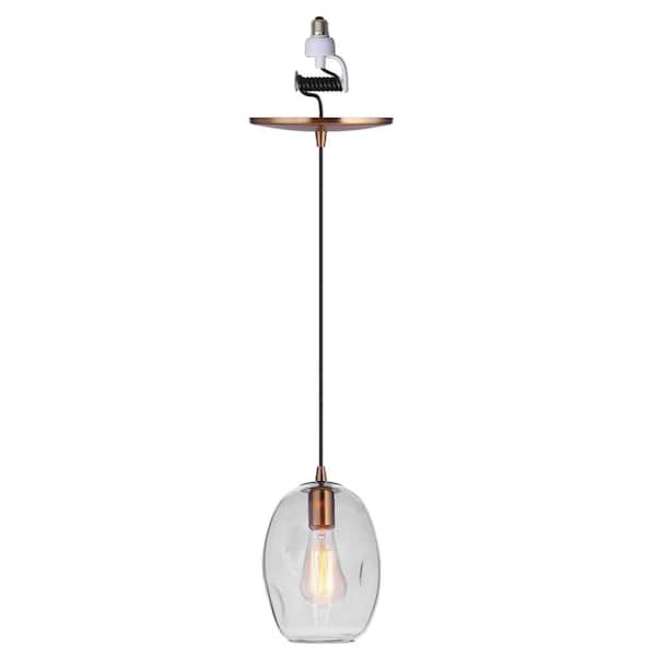 Worth Home Products Instant Pendant Light 6 In. Satin Brass Recessed Light Conversion Kit with Clear Artisan Glass Shade