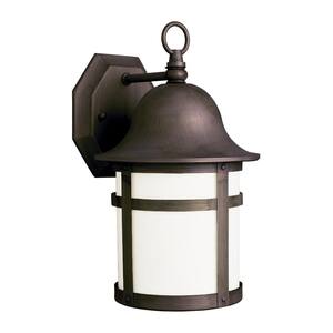 Thomas 1-Light Weathered Bronze Outdoor CFL Wall Lantern Sconce Light with White Frosted Glass