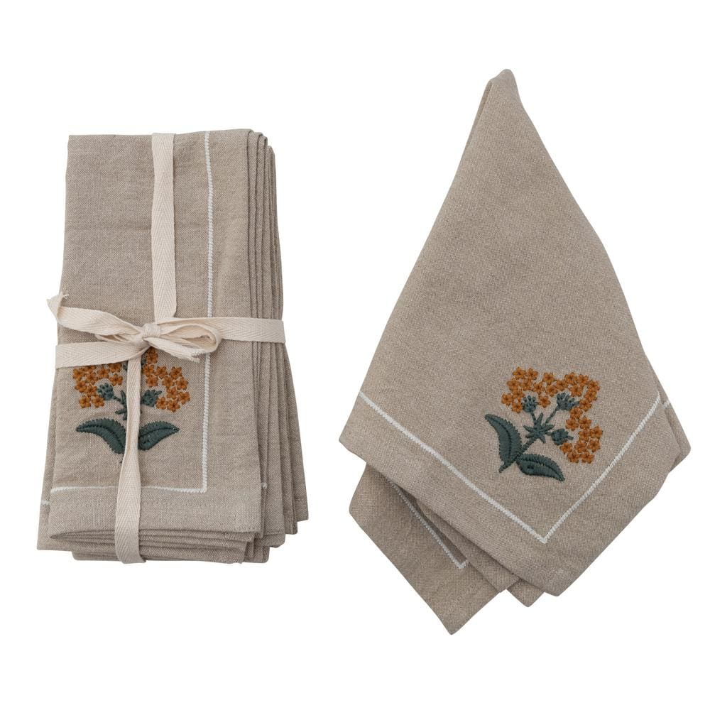 Oatmeal Cotton Napkins with Floral Embroidery, 18"x18"