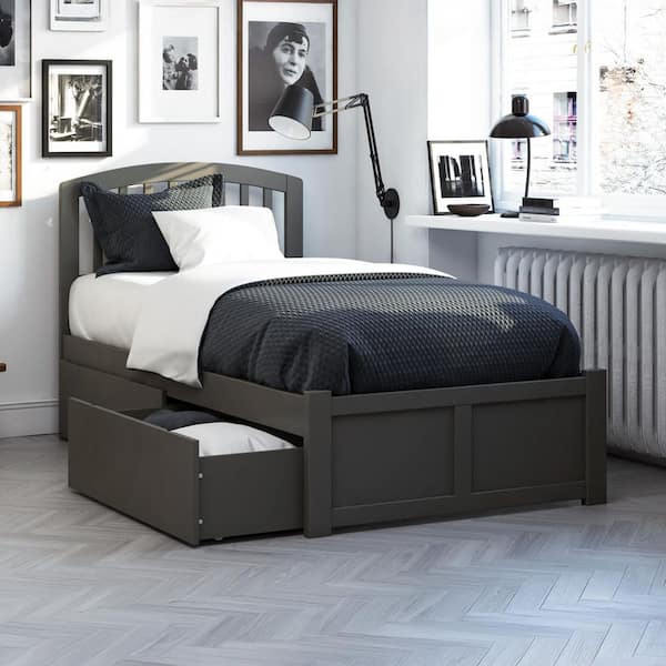 AFI Richmond Grey Twin XL Solid Wood Storage Platform Bed with Flat Panel Foot Board and 2 Bed Drawers