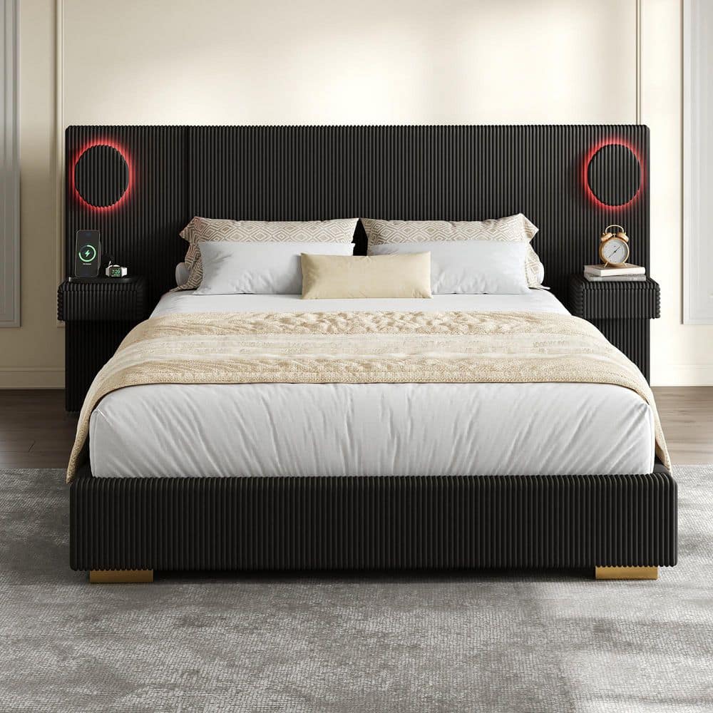 Black MDF Wood Frame Queen Size Platform Bed with LED Circle Lights price history on PriceWatchPro