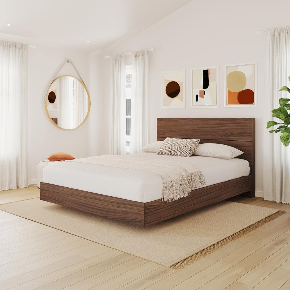 Nexera Identi-T Walnut Queen Size Platform Bed and Plank Effect