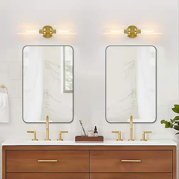 21.7 in. 2 Lights Gold Wall Sconce, Wall Mount LED Vanity Light Fixture with Shade for Bathroom Mirror