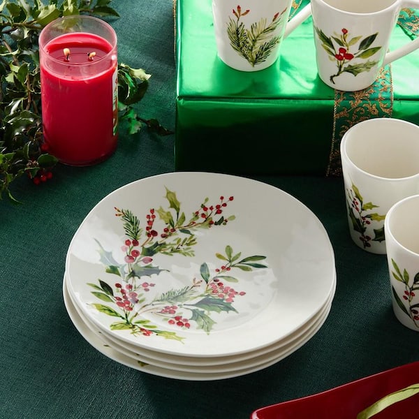 Holly And Vines 11 in. Assorted Colors Stoneware Dinner Plates (Set of 4)