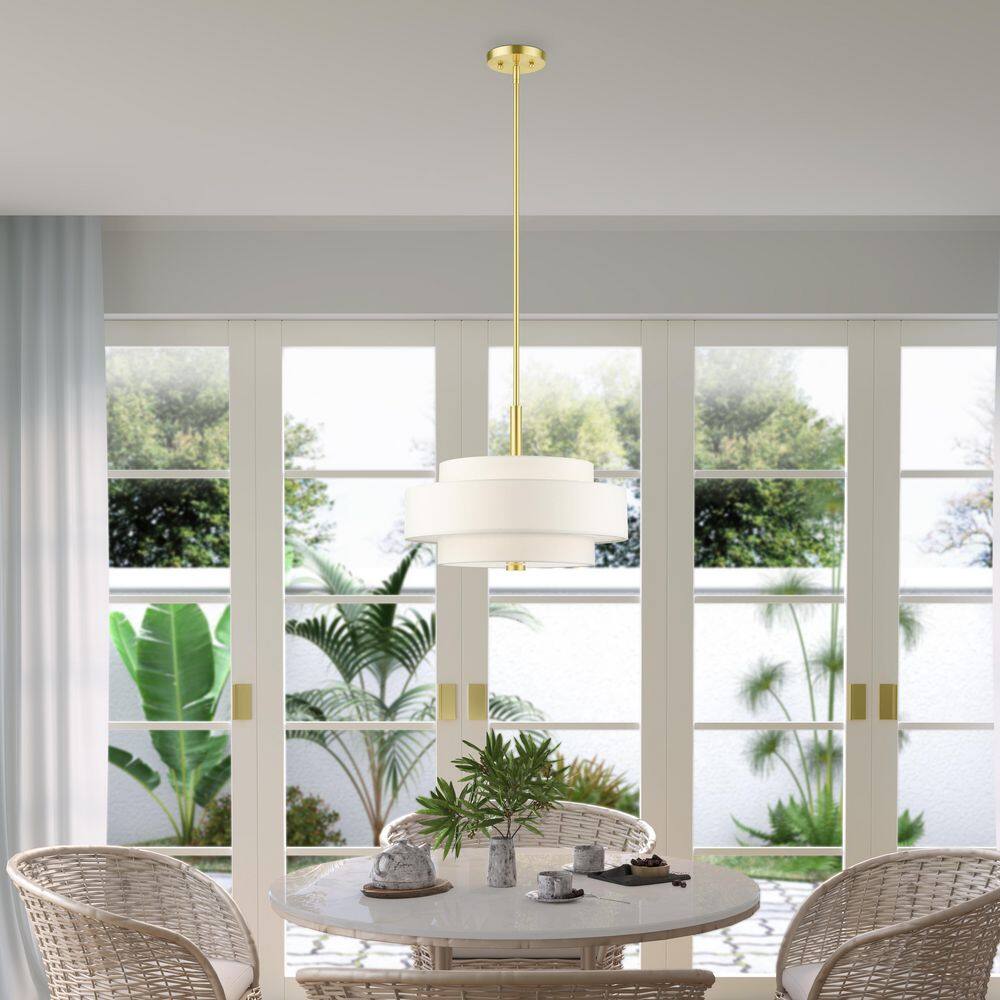 Satin Brass 4-Light Drum Chandelier with Off-White Shade