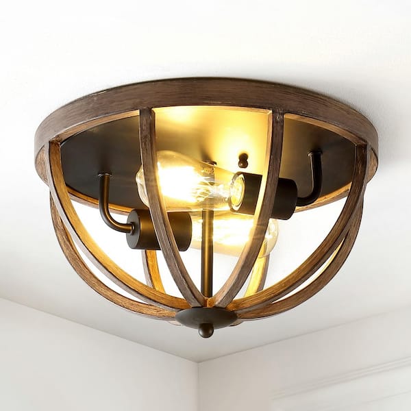 Darlene 13 in. 2-Light Iron Rustic Farmhouse LED Flush Mount, Brown