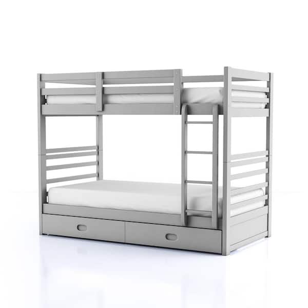 Furniture of America Daxter Gray Twin Over Twin Kids Bunk Bed with 2 Bottom Drawers