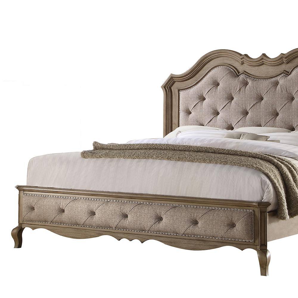 Elegant Beige Fabric Queen Bed with Tufted Nailhead Upholstery