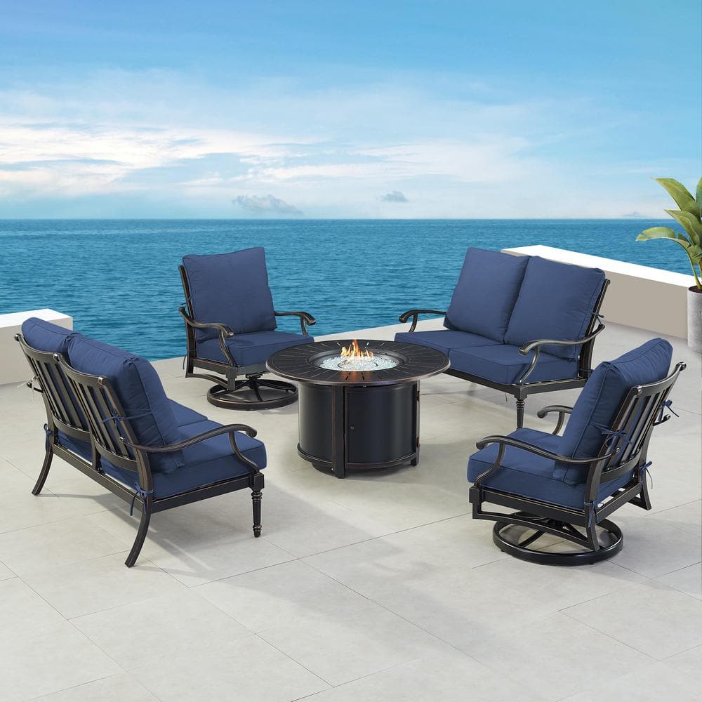 Black 5-Piece Aluminum Patio Fire Table Set with Blue Cushions price history on PriceWatchPro