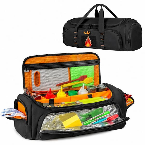 Portable Grill Tool Storage Bag with Divider, Large BBQ Utensil Case with Multi Pockets, 22 x 8 x 8 in