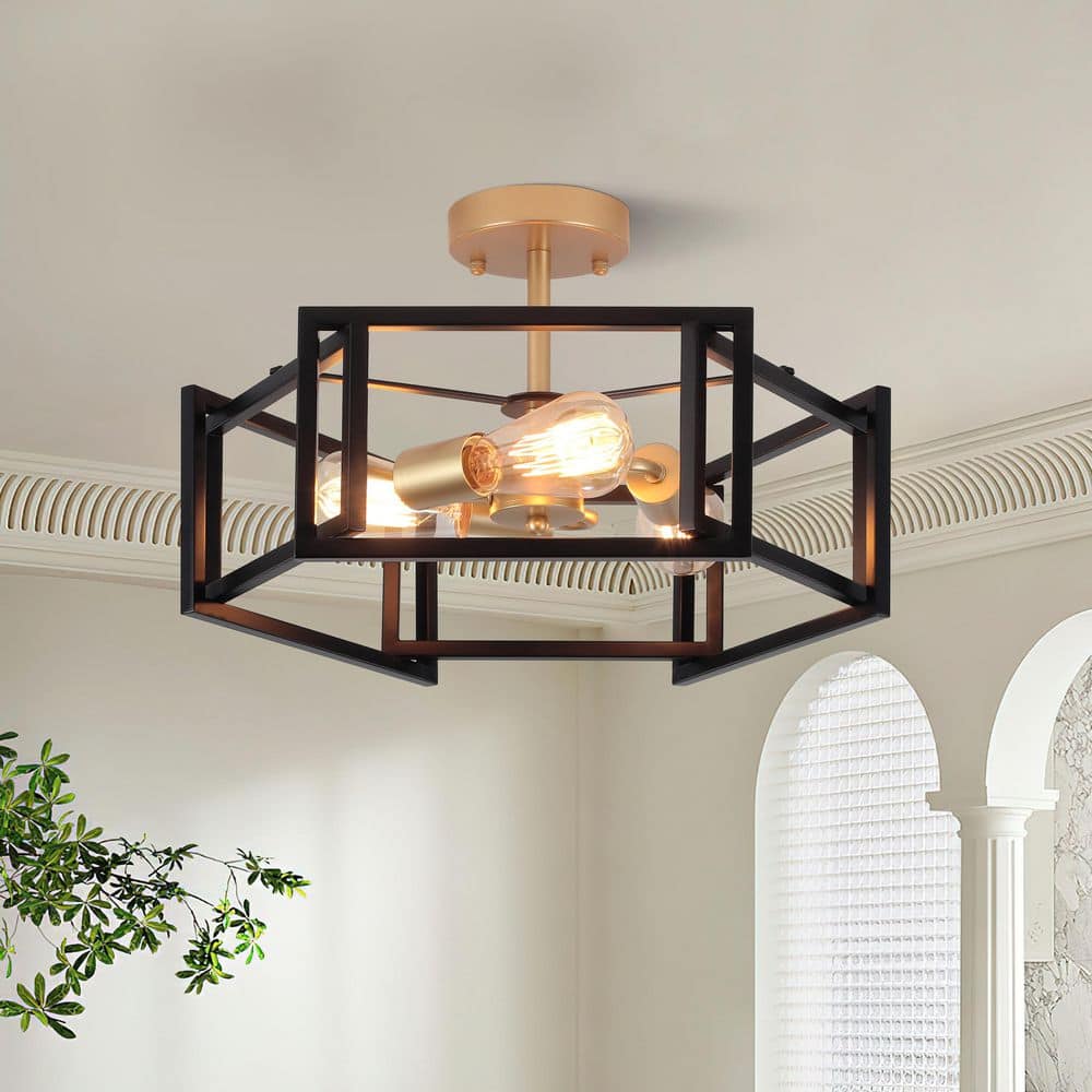 Modern Industrial Semi Flush Mount Ceiling Light, 3-Light Black and Gold Geometric Fixture for Kitchen, Hallway, Bedroom price history on PriceWatchPro
