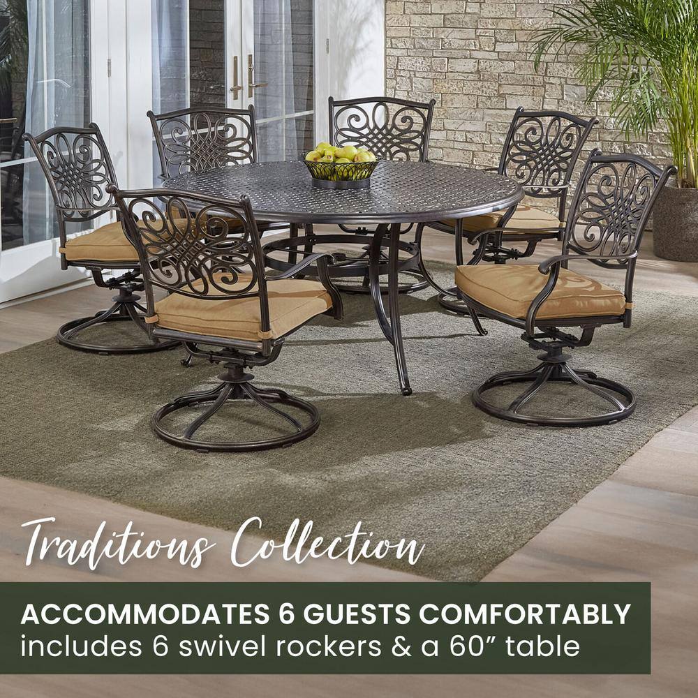 Hanover 7-Piece Tan Aluminum Outdoor Dining Set with Swivel Rockers