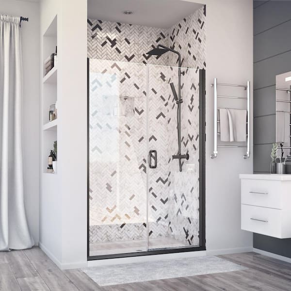 Holcam Distinctive Elite 41 in. W x 71.375 in. H Semi-Frameless Hinged Shower Door and Inline Panel in Matte Black