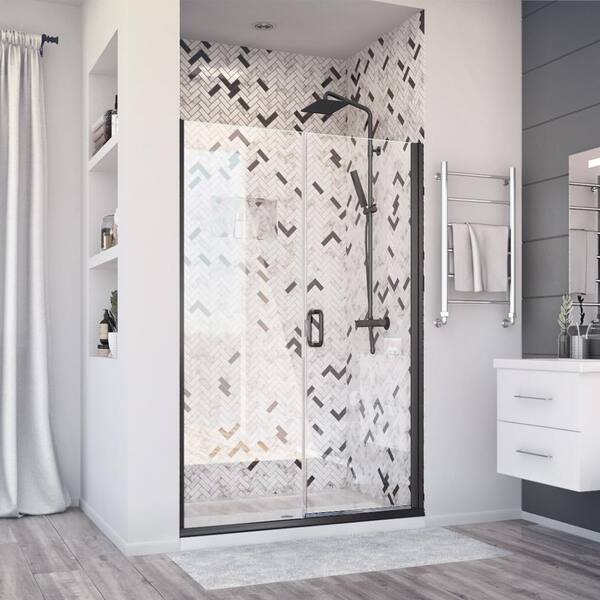 Holcam Distinctive Elite 50 in. W x 71.375 in. H Semi-Frameless Hinged Shower Door and Inline Panel in Matte Black
