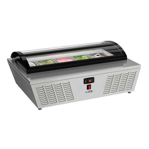 Koolmore 39 in. 2.93 cu. ft. Countertop Ice Cream Display Auto Defrost Freezer with Curved Glass Top, 5 Pans in Stainless-Steel