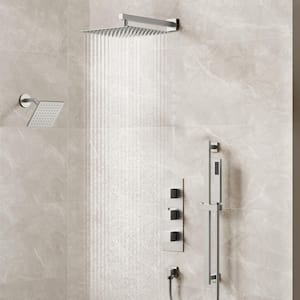 3-Spray Patterns Thermostatic Wall Mount Rain Dual Shower Heads with 6-Jet in Brushed Nickel (Valve Included)