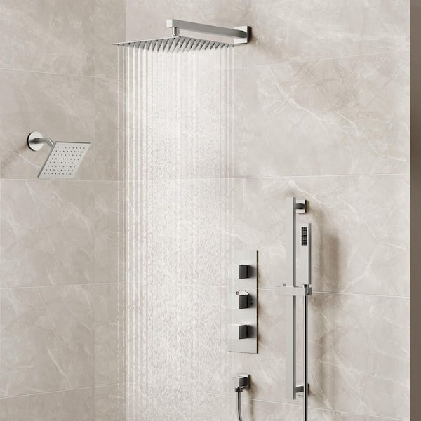 EVERSTEIN 3-Spray Patterns Thermostatic Wall Mount Rain Dual Shower Heads with 6-Jet in Brushed Nickel (Valve Included)