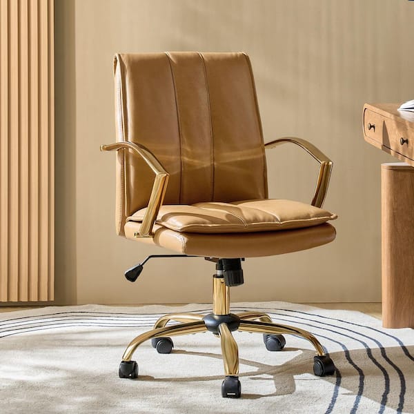 Carlos Genuine Leather Swivel Office Chair in Camel with Armrests