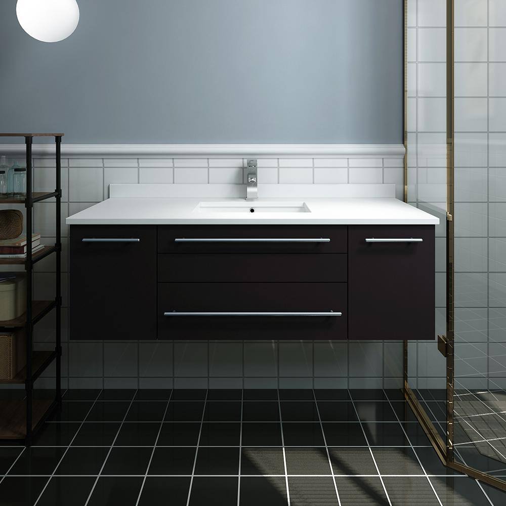 Espresso Solid Wood Wall Mount Vanity with Quartz Top and Ceramic Sink