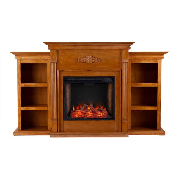 Southern Enterprises Bettram Alexa-Enabled 70.25 in. Bookcase Electric Smart Fireplace in Glazed Pine