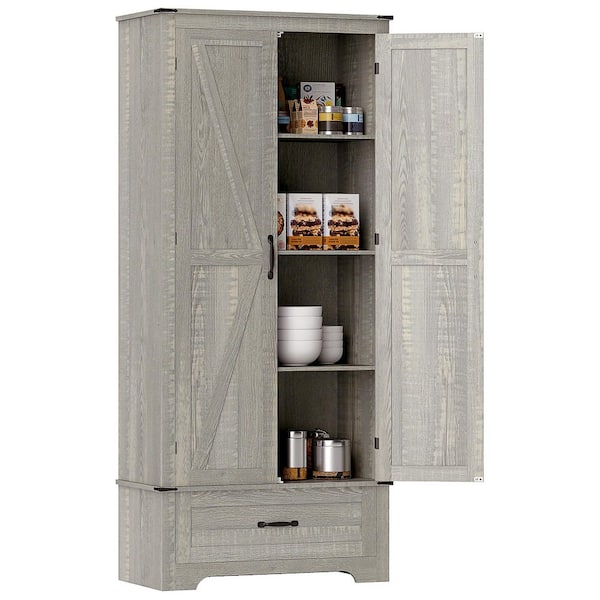 HOMCOM 72 in. Farmhouse Pantry Cabinet with Barn Doors, Tall Kitchen Pantry Storage Cabinet, Distressed Light Gray