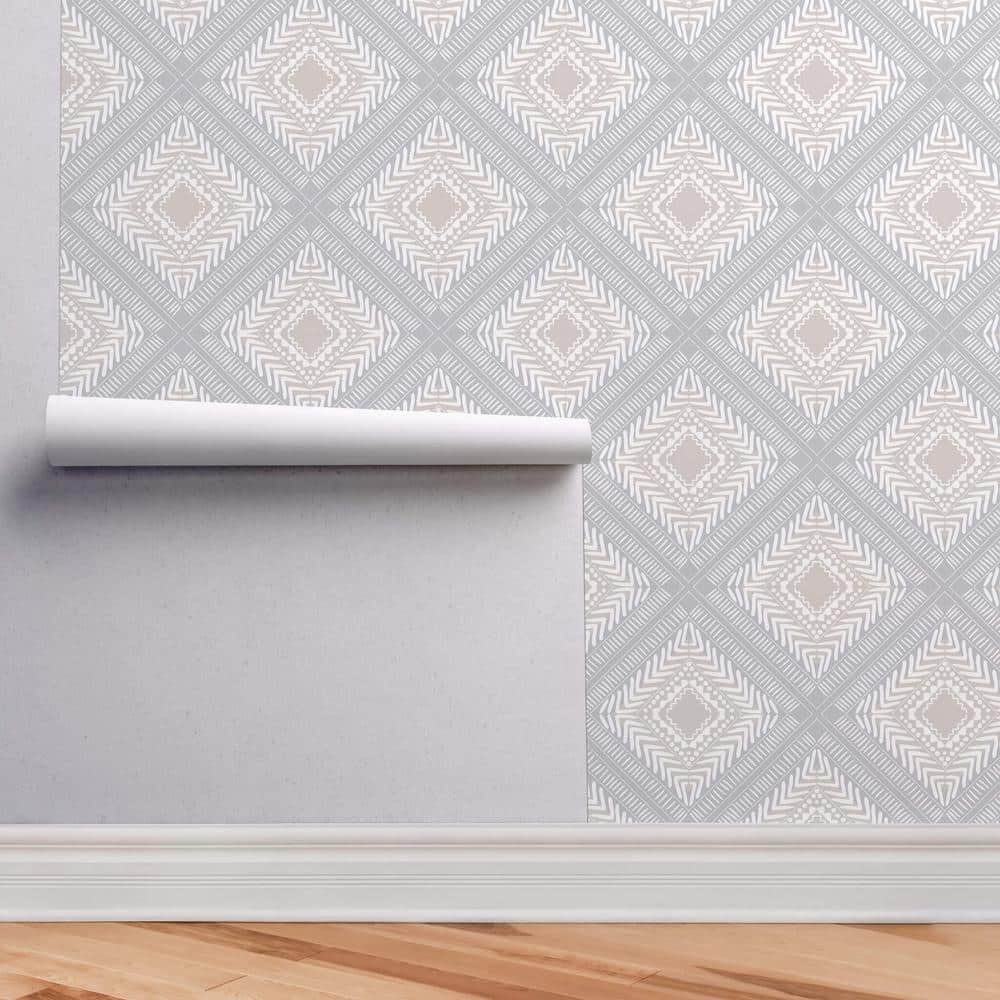 Grey and Beige Tribal Squares Peel and Stick Wallpaper Roll