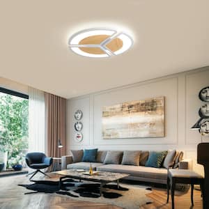 16 in. White and Wood Dimmable Integrated LED Modern Novel Splicing Circular Shape Flush Mount Ceiling Light with Remote